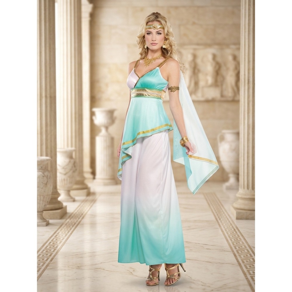 Grecian Goddess Costume Women 3pc Set Dress Headband Armband Teal White Large